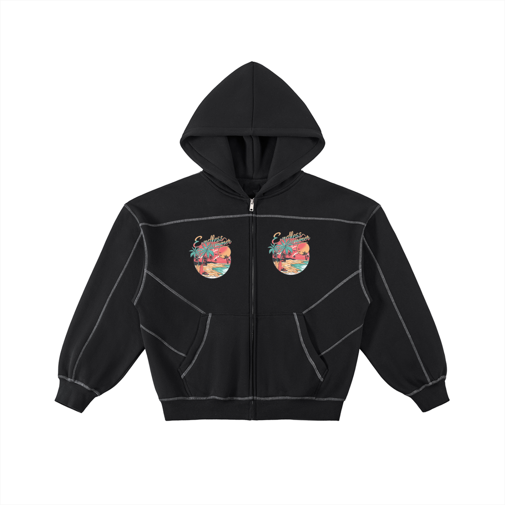 Contrast-Stitched Boxy Fleece Zip Hoodie